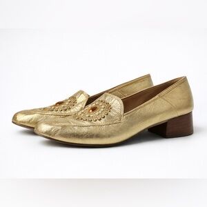 Vintage 70s Gold Leather Jeweled Loafers • Size 9 • Disco/ Early Power Dresser